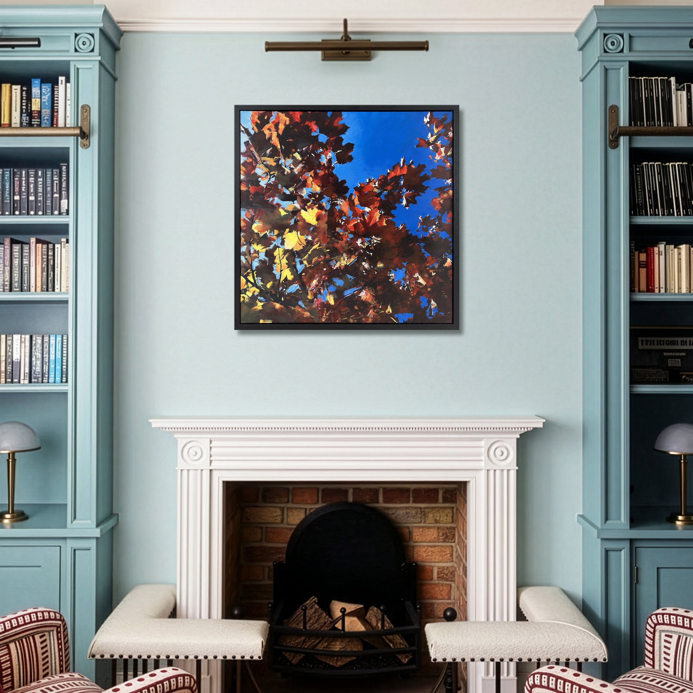 Statement uplifting abstract landscape painting with layered sunlight through autumn leaves, original oil on canvas by UK artist Julia Brown